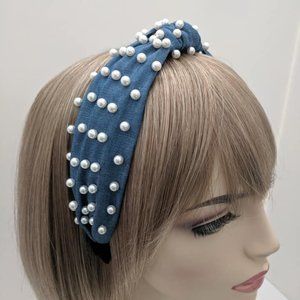 Denim Beaded Pearl Knot Headband Hair Woman New